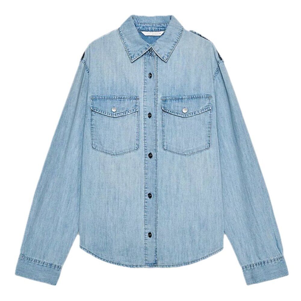 Zara Oversized Denim Shirt Epaulet Detail Light Blue Medium Military Style